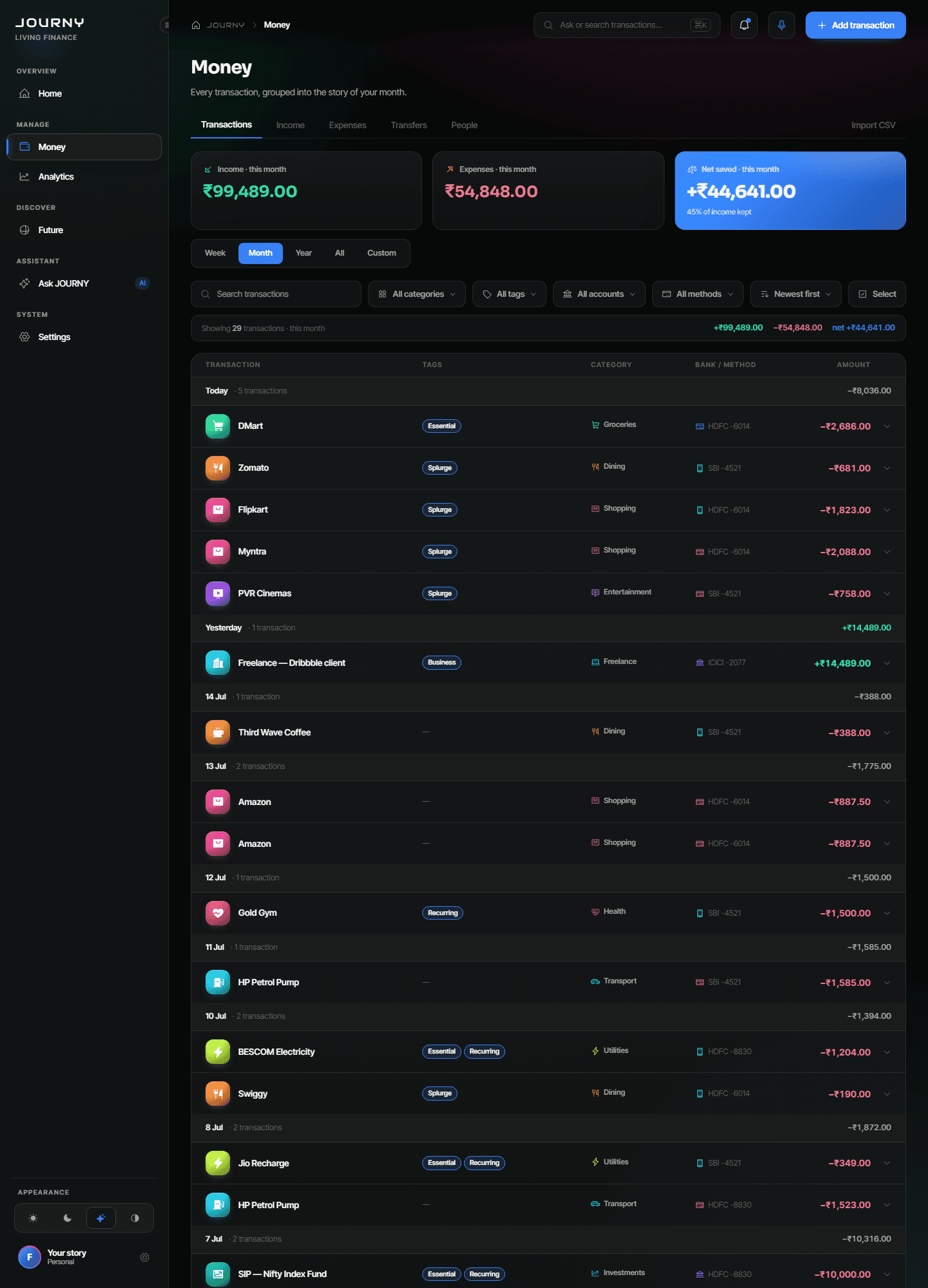 The JOURNY ledger: every transaction with its category, account and tags