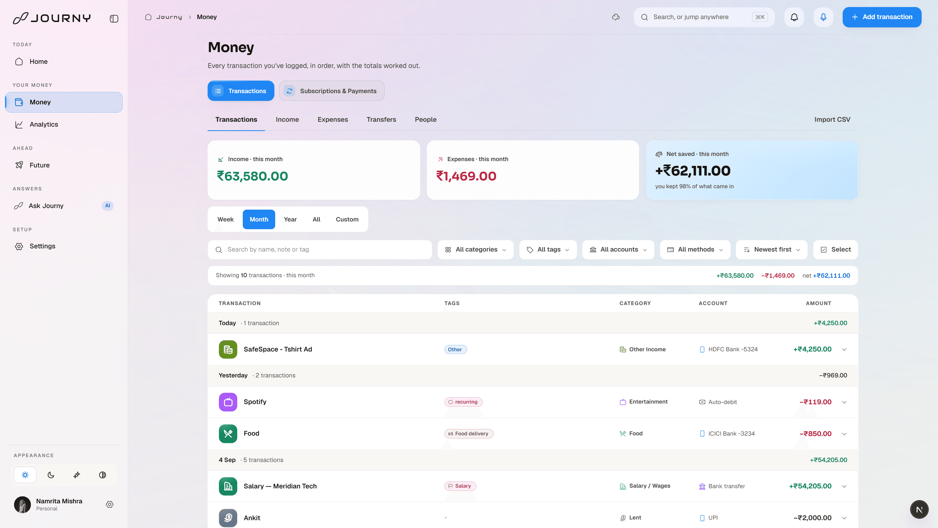 The Journy ledger: every transaction with its category, account and tags